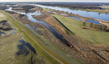 Aerial view of new dyke construction further inlands than the old dyke, flood protection, river