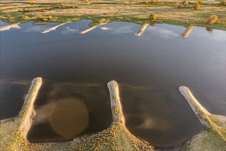 Aerial view of river Elbe at sunset, between Wittenberge and Havelberg, Germany, Europe