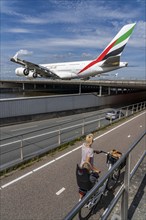 Amsterdam Schiphol Airport, Emirates Airbus A380, on the taxiway, to the Polderbaan runway, bridge