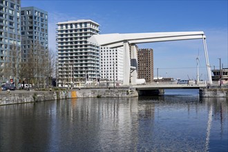 Kattendijkdok, harbour basin, with Lodenbrug bridge, old harbour district, Het Eilandje of Antwerp,