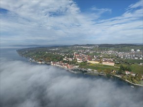 Aerial view of Meersburg and the harbour promenade in autumn fog, Lake Constance, Lake Constance