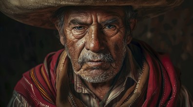 Authentic gaucho portrait. A man with a cowboy hat and beard is looking at the camera, AI generated