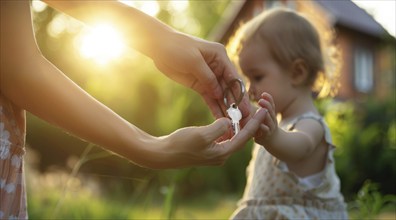 Happy family holding a key to a new house and starting family life in new property, AI generated