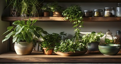 A sunlit kitchen corner, with a rustic wooden shelf holding neatly arranged ceramic bowls and a