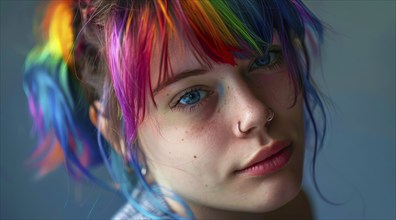 Portrait of a lesbian LGBTQ young lady with colored rainbow hair and piercings, AI generated