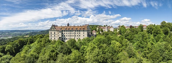 Aerial view, panorama of Heiligenberg Castle, a Renaissance-style castle complex, administrative