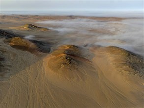 Coastal fog over the desert, aerial view, Hoarusib dry river, Kaokoveld, Kunene region, Namibia,