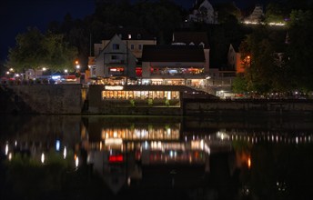 Night shot of Neckarmüller beer garden, El Chico restaurant, summer, Tübingen, Baden-Württemberg,