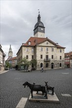 Bad Langensalza, historic old town, goat sculptures in front of the town hall, Thuringia, Germany,