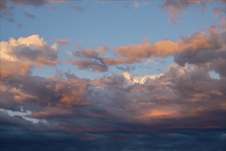 Clouds illuminated by the evening sun, Formatfilling, Baden-Württemberg, Germany, Europe