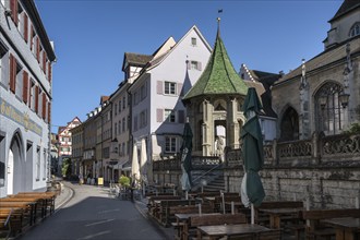 Münsterstrasse in the old town centre of Überlingen on Lake Constance, with the Ölberg Chapel, Lake