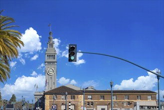 USA, California. San Francisco Ferry Building, financial district and ocean piers, North America