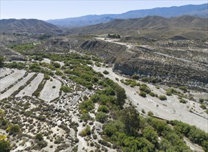 Dry mountainous landscape with river beds and sparse vegetation, aerial view, Tabernas Desert,