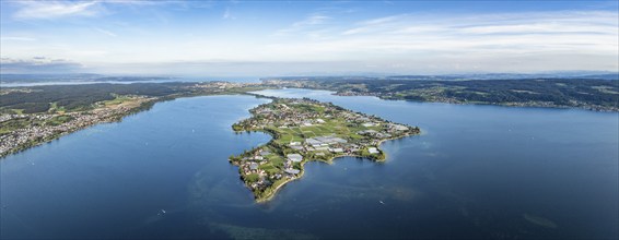 Aerial view, panorama of the island of Reichenau in Lake Constance seen from the west, on the left