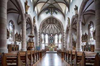 Interior view, nave, choir, altar, New Parish Church of the Assumption of the Virgin Mary, Scena,