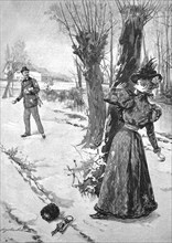 Historical black and white illustration of a man and a woman throwing snowballs in winter