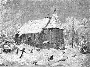 Church in the marshes on the Stedingen battlefield, Lower Saxony, winter, snow cover, frost,