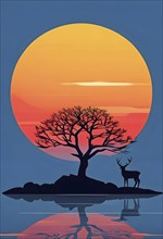 Abstract minimalist spring scene with a single, sharp silhouette of a deer and of a blooming tree,