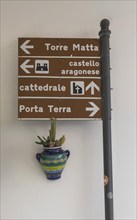 Signposts to places of interest, old town centre of Otranto, Apulia, Italy, Europe