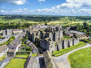 Middleham Castle from a drone, Middleham, Wensleydale, North Yorkshire, England, United Kingdom,