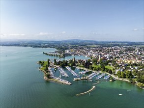 Harbour area, ferry port, yacht harbour, marina of Romanshorn with lake park, aerial view, Lake