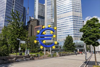 Euro sign symbolising Europe with banks High-rise buildings on Willy-Brandt-Platz in Frankfurt,