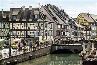 Picturesque colourful half-timbered houses, La Petite Venise, Colmar, Alsace, Bas-Rhin, France,