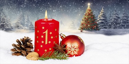 First 1st Advent with candle Christmas Christmas card for Christmas time Panorama with text free