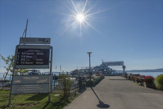 Unteruhldingen, Lake Constance, jetty, display board, lakeside promenade, backlight shot,