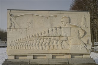 Sarcophagus with stone relief, Heroic Army, Soviet Memorial, Winter, Treptower Park, Treptow,