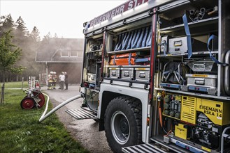 Fire brigade operation at a house fire, St Peter, Southern Black Forest, Black Forest,