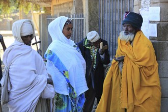 Tigray region, city of Axum, Aksum, believers, pilgrims in front of the church, Ethiopia, Africa