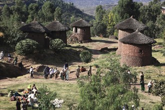 Lalibela, pilgrims camp at the traditional round huts, typical Tukul houses, Ethiopia, Africa