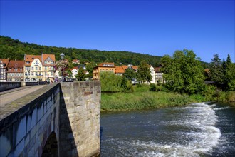 Old Werra Bridge, half-timbered houses on the Werra, Hannoversch Münden, Hann. Münden, Lower