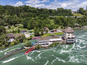 Aerial view of the landing stage, boat harbour and Schlössli Wörth with panorama restaurant below