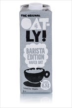 Oatly variety Barista Edition vegan oat milk cropped against a white background