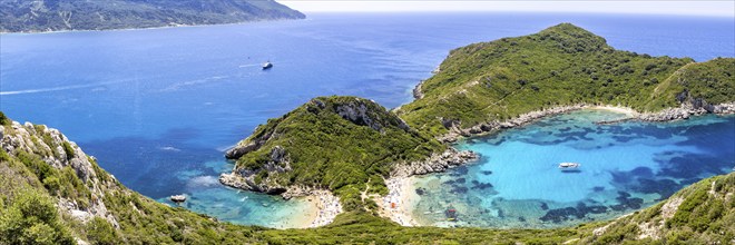 Porto Timoni Beach with turquoise blue sea panorama on the island of Corfu, Greece, Europe