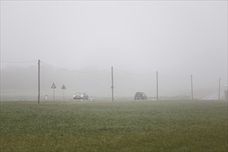 Cars drive over a country road with their lights on in dense fog, Neugarten, Brandenburg, 06.11