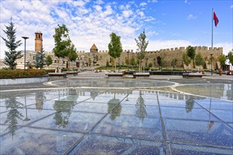 Reflections in the glass grounded Kale city park and Erzurum byzantine castle, Anatolia, Turkey,