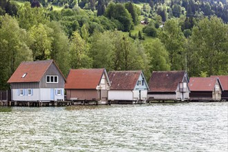 Boathouses in Bühl, Großer Alpsee, near Immenstadt, Oberallgäu, Allgäu, Bavaria, Germany, Europe