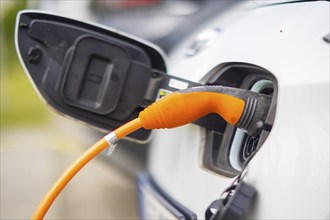 Electric cars at charging stations, Dresden, Saxony, Germany, Europe