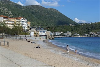 Turquoise blue sea at town beach of Himare, Albanian Riviera, Albania, Europe