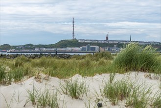 View from the dune to the offshore island of Heligoland, hotels and guesthouses in the lowlands and