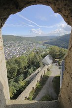 View from the keep of Nassau Castle built in 1093, view down, view, Lahntal, landscape, cityscape,