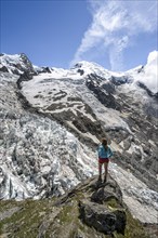 Mountaineer on the glacier, High alpine glaciated mountain landscape, La Jonction, Glacier des