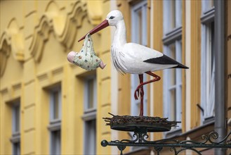 Nose sign in the old town centre of Bamberg, stork with baby. Bamberg, Upper Franconia, Bavaria,