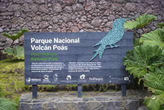 Sign of the Parque Nacional Volcán Poás, at the entrance to the national park, central highlands,