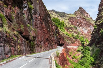 Road through canyon Gorges du Cians with its red rocks, Département Alpes Maritimes, French