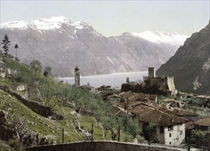 Tenno and Monte Baldo, Lake Garda, Italy, Historical, digitally restored reproduction from a 19th