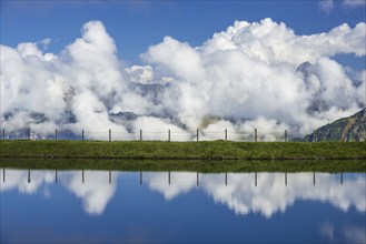 Artificial lake, Riezler Alpsee, snow pond, at the mountain station of the Kanzelwand cable car,